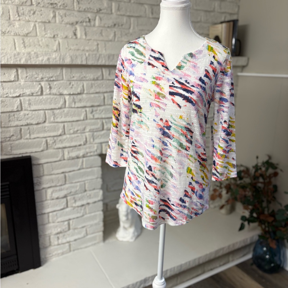 NWT TRIBAL Multicolor Abstract Print Split V-Neck Textured Top XS